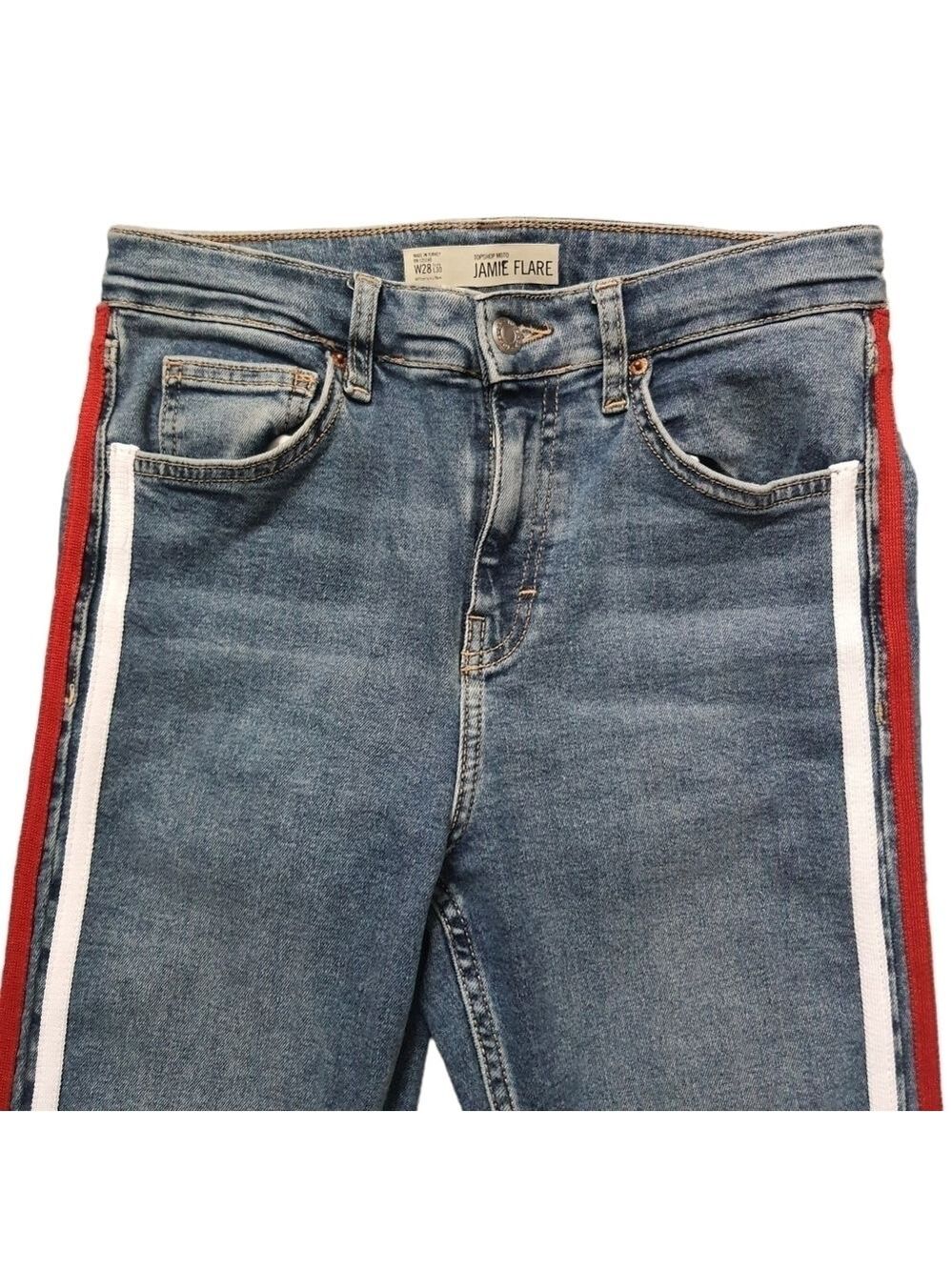 ๐บ๐ธ Topshop Jeans Moto Jamie Flare Womens 28 High Waisted Red White Blue Stripe - Picture 3 of 12
